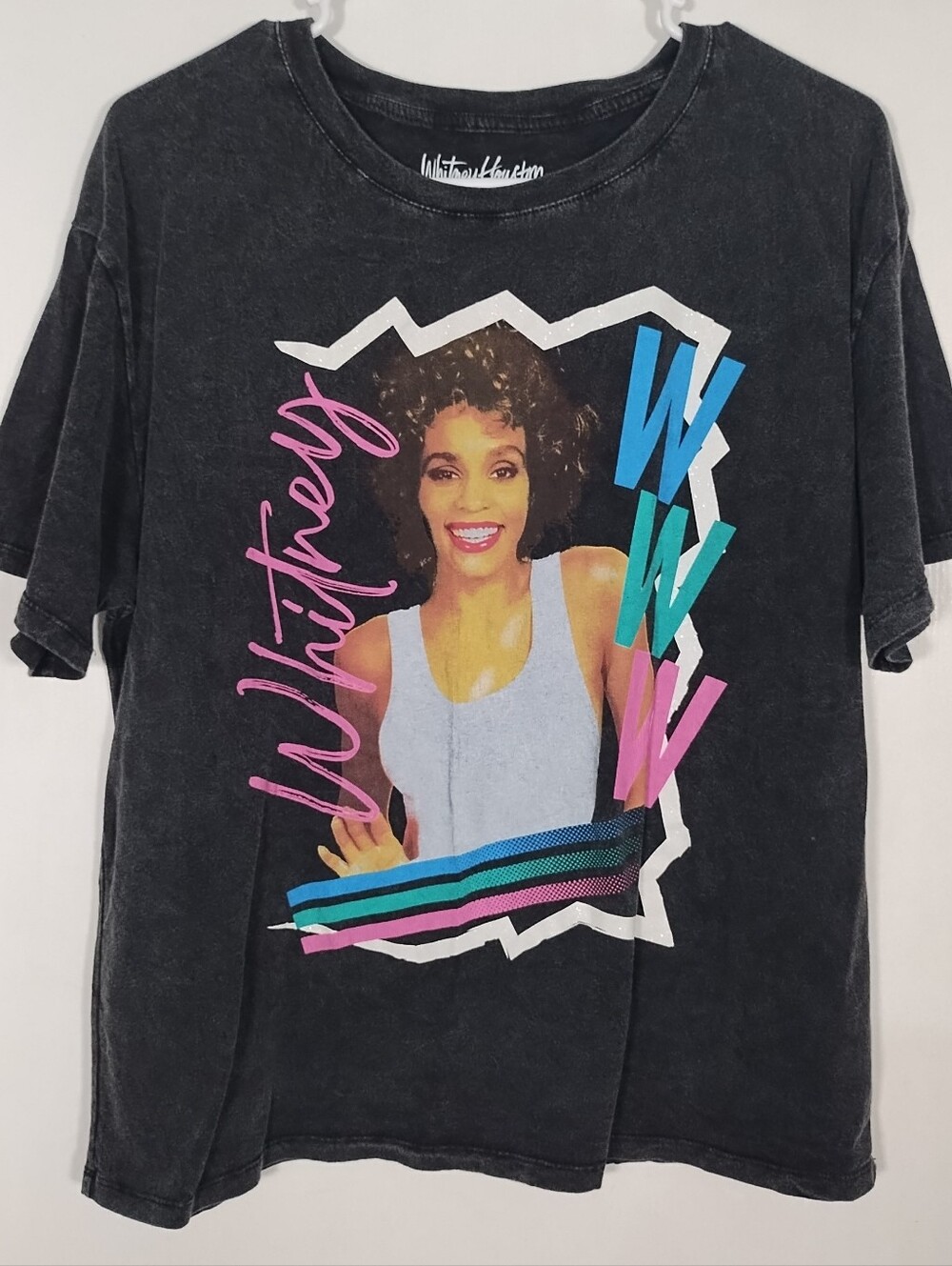 Whitney Houston M Crew Neck T-shirt Stone Washed Black Graphic Print Unisex